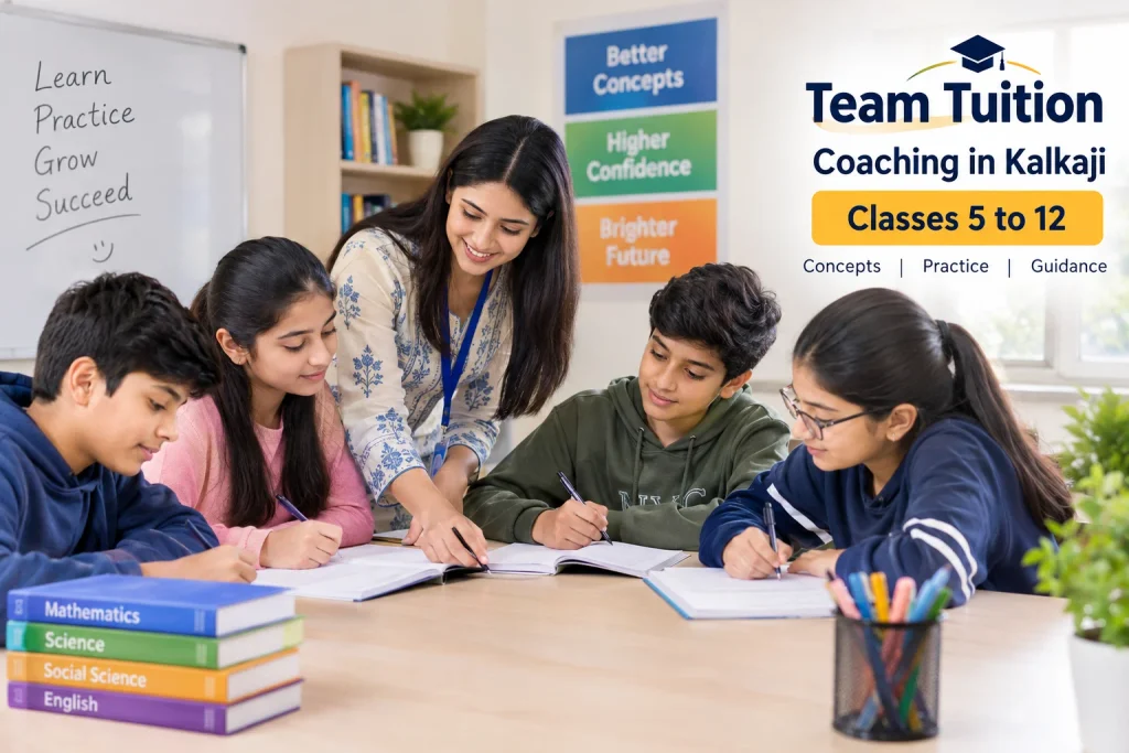 Team Tuition coaching centre in Kalkaji with a teacher guiding students from Classes 5 to 12.